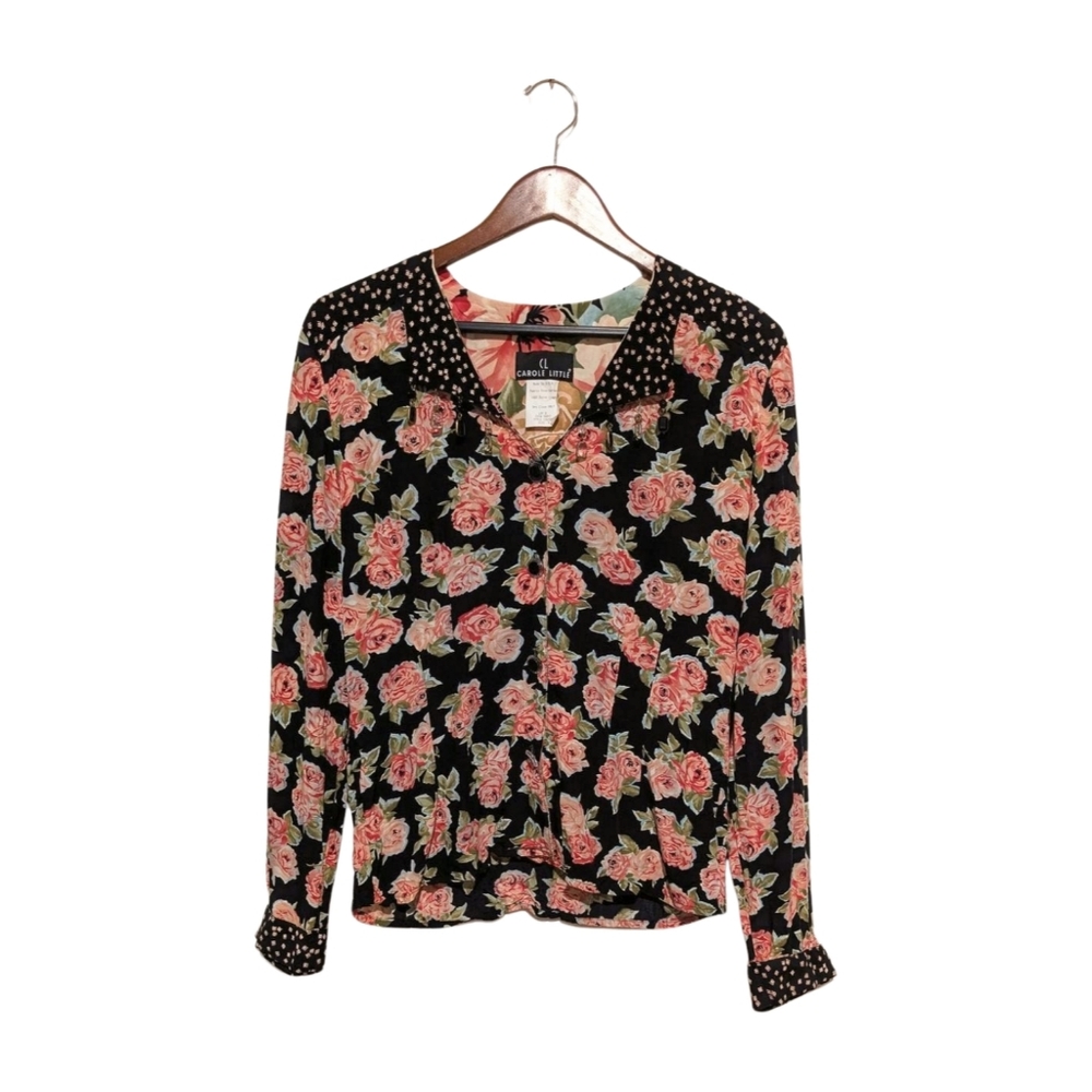 Vintage Carole Little Moulin Rouge Bejeweled Button Front Collar Blouse 4 S